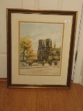 Norte Dame Cathedral Paris Street Scene Lithograph Artist Signed in Pencil