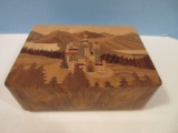 Astounding Marquetry Castle Mountain Landscape Footed Jewelry Music Box w/ Mirror Lid