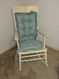 Painted White Spindle Back Rocker w/ Blue Ruffled Back/Seat Cushions