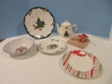 Lot - Christmas Plates, Bowl, The Cellar O'Tannenbaum Teapots, Mikasa English Countryside