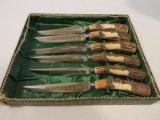 Set - 6 Solingen-Germany Knives w/ Stag Handles Carved Moose & Engraved Stainless Blade