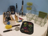 Lot - Kitchenware Vintage Coated Wire Dish Drain Rack, Paper Towel Holder, Serving Utensil