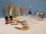 Lot - Pressed Glass Juicer w/ Spout, Hand Chipper, Small Tupperware Salt/Pepper Shakers