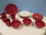 17 Pieces - Threshold Camden Red/Cream Solid Stoneware Embossed Block Band Design Dishes