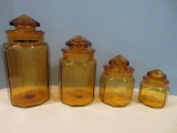 Lot - 4 Piece Amber Pressed Glass Canister Set Panel Design