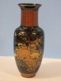 Porcelain Vase Oriental Floral Design w/ Decorative Trim Black Glaze Background