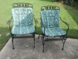 Pair - Black Wrought Iron Dogwood Coil Spring Arm Chairs w/ Cushions