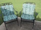 Pair - Black Wrought Iron Dogwood Coil Spring Arm Chairs w/ Cushions