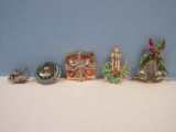 5 Christmas Theme Brooches Bells & Holly Wrapped Present Candles & Greenery