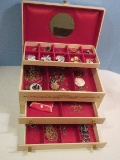 Vintage Jewelry Box w/ Misc. Fashion Jewelry Brooches, Necklaces, Locket, Etc.