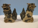 Pair - Male Chinese Guardian Figural Foo Dog Pottery Statuettes