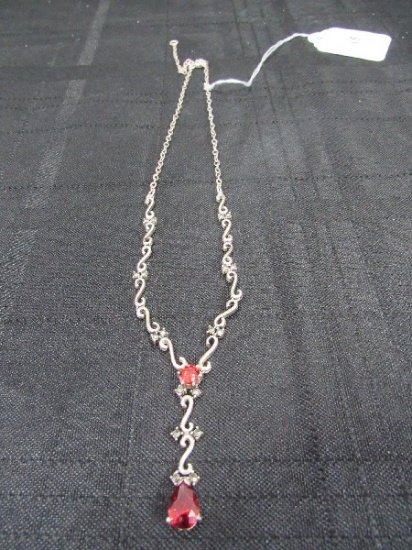 925 Stamped Necklace w/ Ruby Stove/Tear Drop Stones Scroll Design