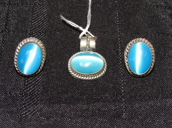 Mexico 925 Sky Blue Stones 2 Earrings, 1 Pendant