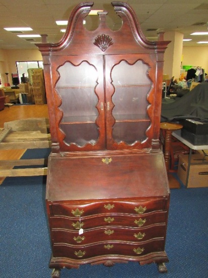 Tall Standing Solid Cherry Wood Secretary Top Twin Doors Glass Front Ornate Bracket Border