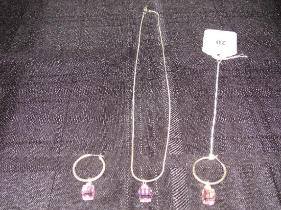 Long 925 Necklace w/ Pink Cube Pendant w/ 2 Matching Earrings