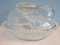 Figural Clear Pressed Glass Bunny Rabbit on A Nest Covered Candy Dish Beaded Trim