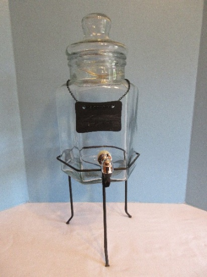 Glass Beverage Dispenser w/ Lid, Spigot & Chalk ID Plate on Black Wire Stand