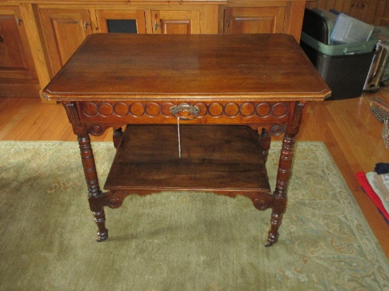 Antique Walnut Serving Cart Table w/ Cove & Pin Drawer Intaglio