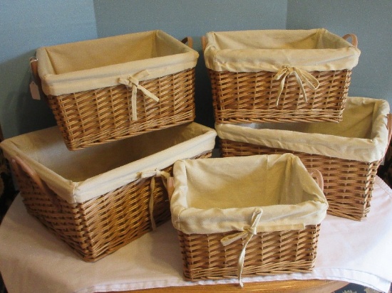 Lot - 3 Nesting Baskets w/ Leather Handles Cotton Lining & 2 Others