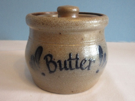 Rowe Pottery Works Salt Glaze Cobalt Butter Crock w/ Lid 1988