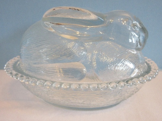 Figural Clear Pressed Glass Bunny Rabbit on A Nest Covered Candy Dish Beaded Trim