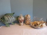 Lot - 2 Glass Jars/Bowl w/ Candle Decorative Seashell Collection & Ceramic Striped Figure