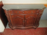 Traditional Console Cabinet w/ Black Beveled Marble Top, Carved Accents & Drop Pulls