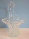 Pressed Glass Basket w/ Applied Handle Diamond Flower Pattern
