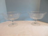 Pair - Hand Blown Compotes w/ Etched Stem Foliage & Flower