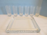 Set - 6 Double Shot Glasses w/ Etched Various Design 9 Crystal Tray