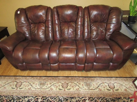 Brown Leather 3 Seat Sofa, Includes Reciner on Couch Ends