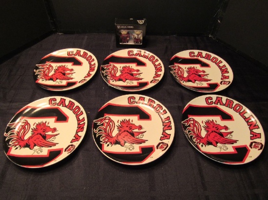 Gamecocks Lot - 6 Plates 10" D, Unopened Player Salt/Pepper Shakers