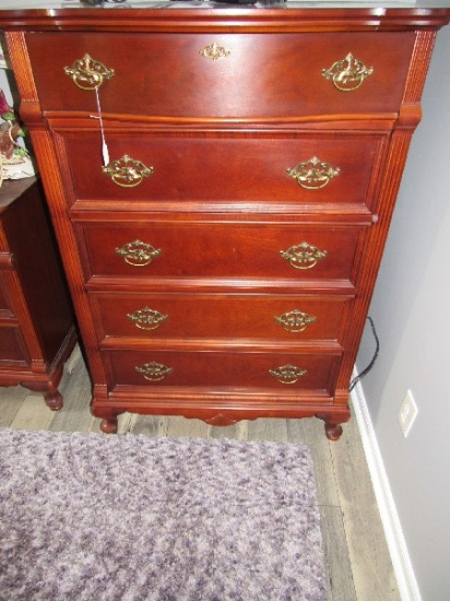 Lexington Wooden Standing Dresser 5 Dovetailed Drawers, Scrolled Brass Pulls