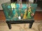 Wooden Small Chest on Black Wood Stool w/ Brilliant Asian/Antique Temple Motif Brass Pull