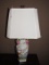 Ceramic Urn Body Lamp w/ Colorful Floral Pattern Tulip Handles w/ White Shade, Brass Finial