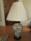 Ceramic Urn Vase Body Lamp Wood Base Floral/Crazed Design w/ Tan Shade