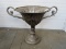 Tall Metal Trophy Design Planter w/ Scroll Handles Spindle Stem, Ribbed Body, Wide Top