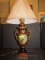 Ceramic Grecian Urn Design Lamp 2 Scroll Handles, Red Body w/ Birds of Paradise Oval Front
