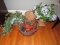 Tall Plaster Vase on Square Base Platter w/ Bow Design Motif w/ Faux Plants