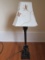 Tall Metal Antique Patina Lamp Column w/ Leaf Top, Scroll Base, Curled Floral Pattern Shade