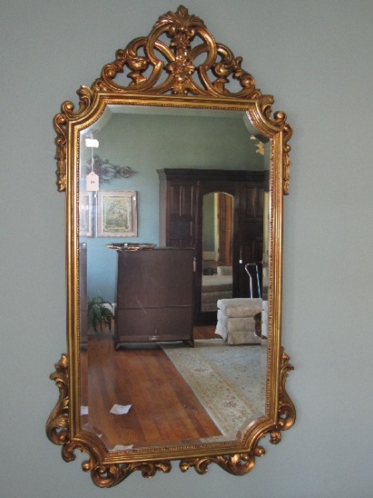 Wall Mounted Mirror in Gilted Wooden Frame Ornate Scroll/Floral Design Cut Trim
