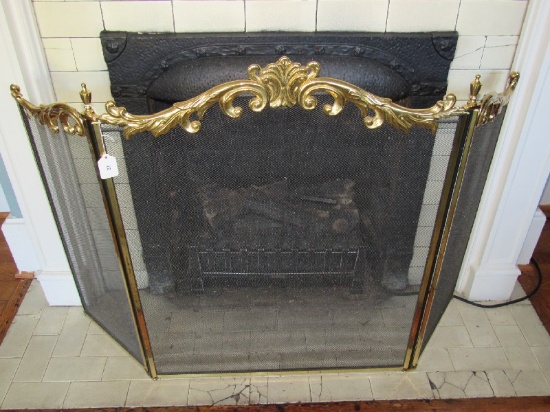 Fireplace Guard Black Metal 3 Panels w/ Scroll Brass Top Scallop Center Urn Finials