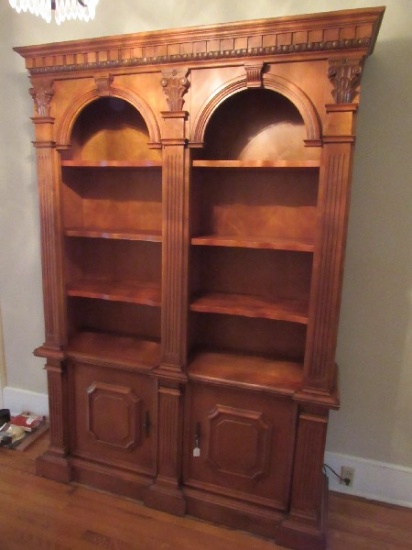 Tall Wooden Shelving w/ 2 Lower Doors, Grooved Columns, Panel Motif, 4-Tier w/ Wave Trim