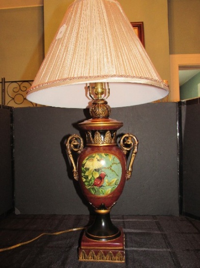 Ceramic Grecian Urn Design Lamp 2 Scroll Handles, Red Body w/ Birds of Paradise Oval Front