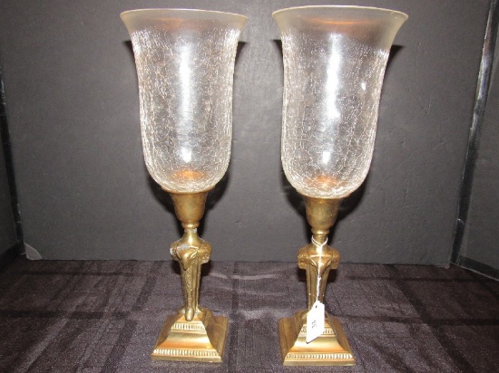 Pair - Brass Tall Standing Candle Holders w/ Crackle Glass Trumpet Shades