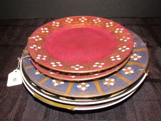 Lot - 2 Red/Gilted Pink Floral Band Plates 8" D, 1 Blue Plate 10" D