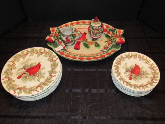 Cracker Barrel Plaid Tidings Christmas Lot - Red Carolina Cardinal Center/Sides