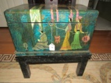 Wooden Small Chest on Black Wood Stool w/ Brilliant Asian/Antique Temple Motif Brass Pull