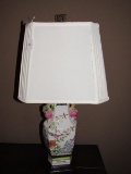 Ceramic Urn Body Lamp w/ Colorful Floral Pattern Tulip Handles w/ White Shade, Brass Finial