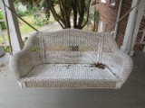 White Wooden Wicker Hanging Bench Patio Camel back, Pierced Middle Band, Curved Arms